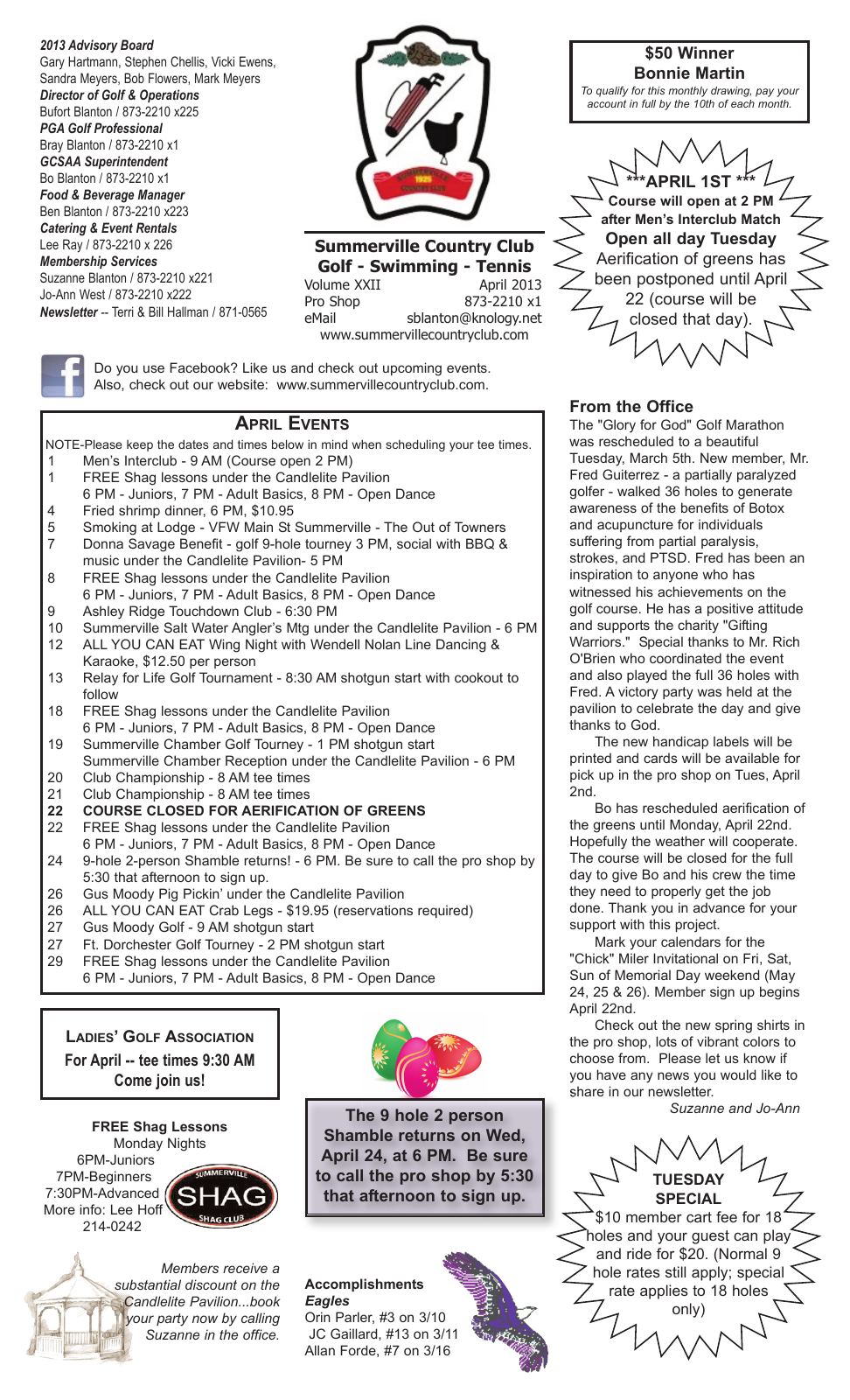 April 2013 newsletter, page 1 of 2