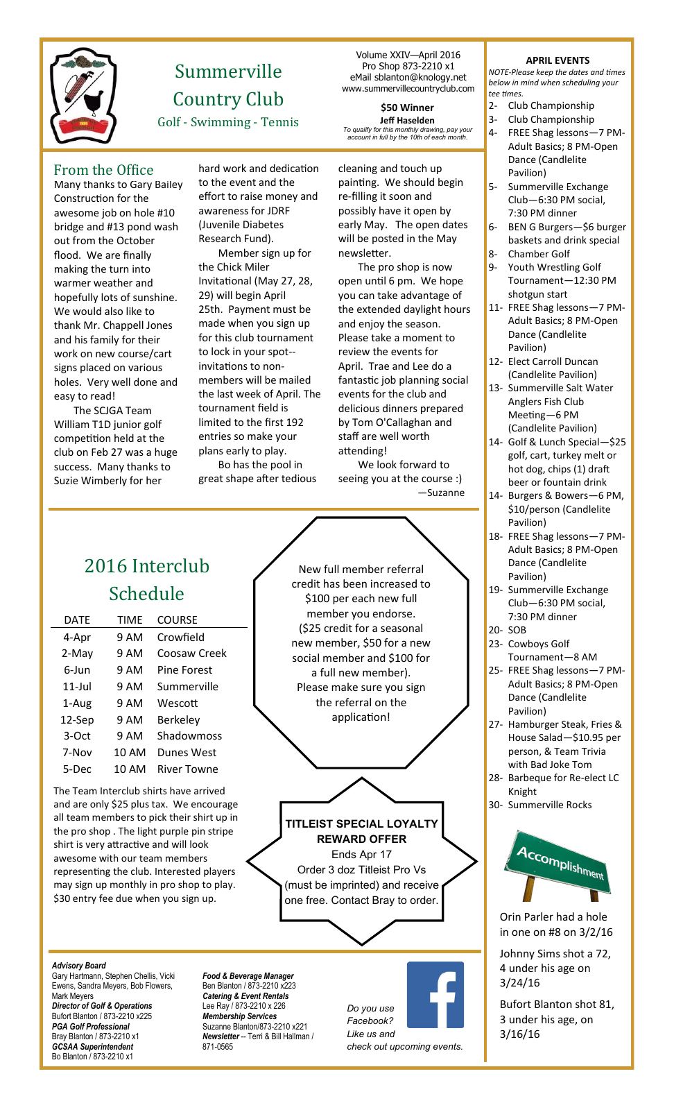 April 2016 newsletter, page 1 of 2