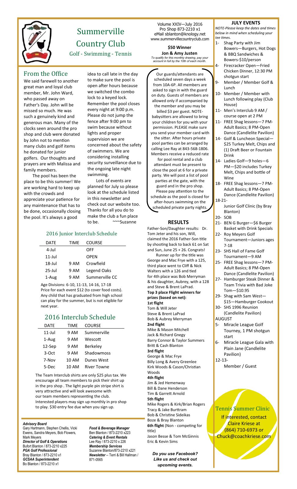 July 2016 newsletter, page 1 of 2