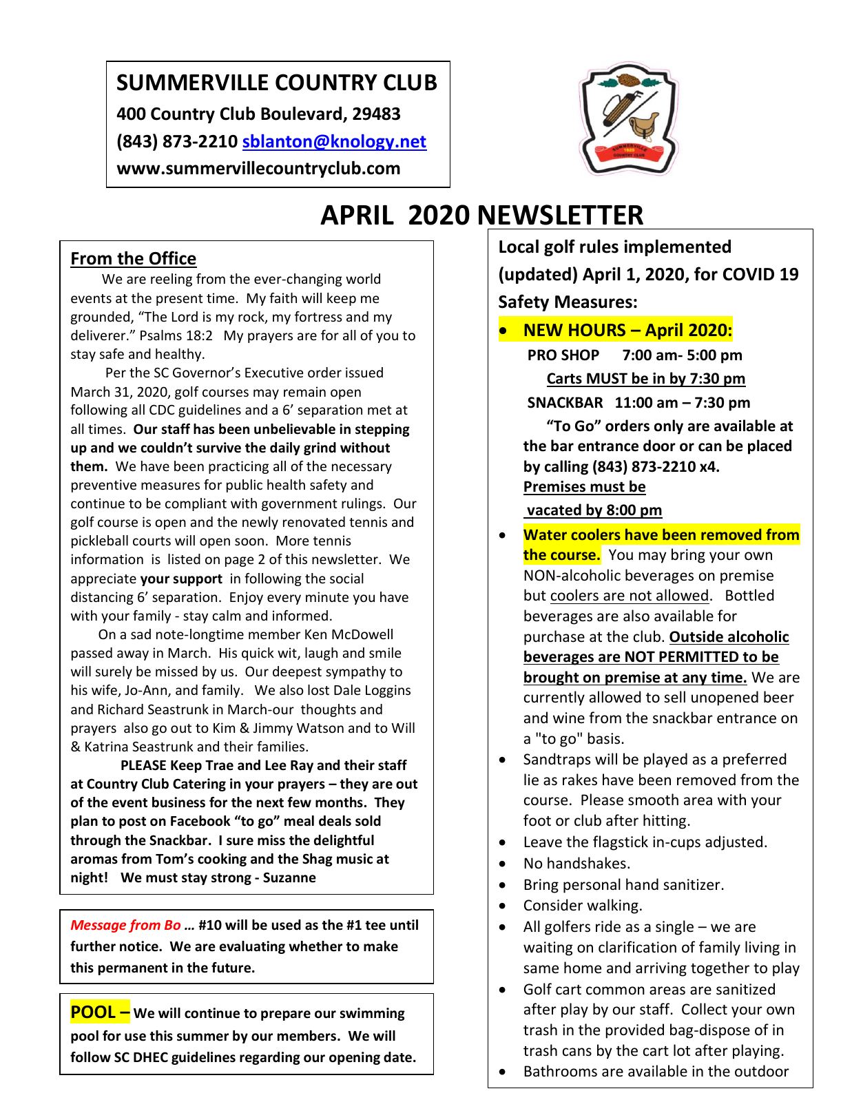 April 2020 newsletter, page 1 of 2
