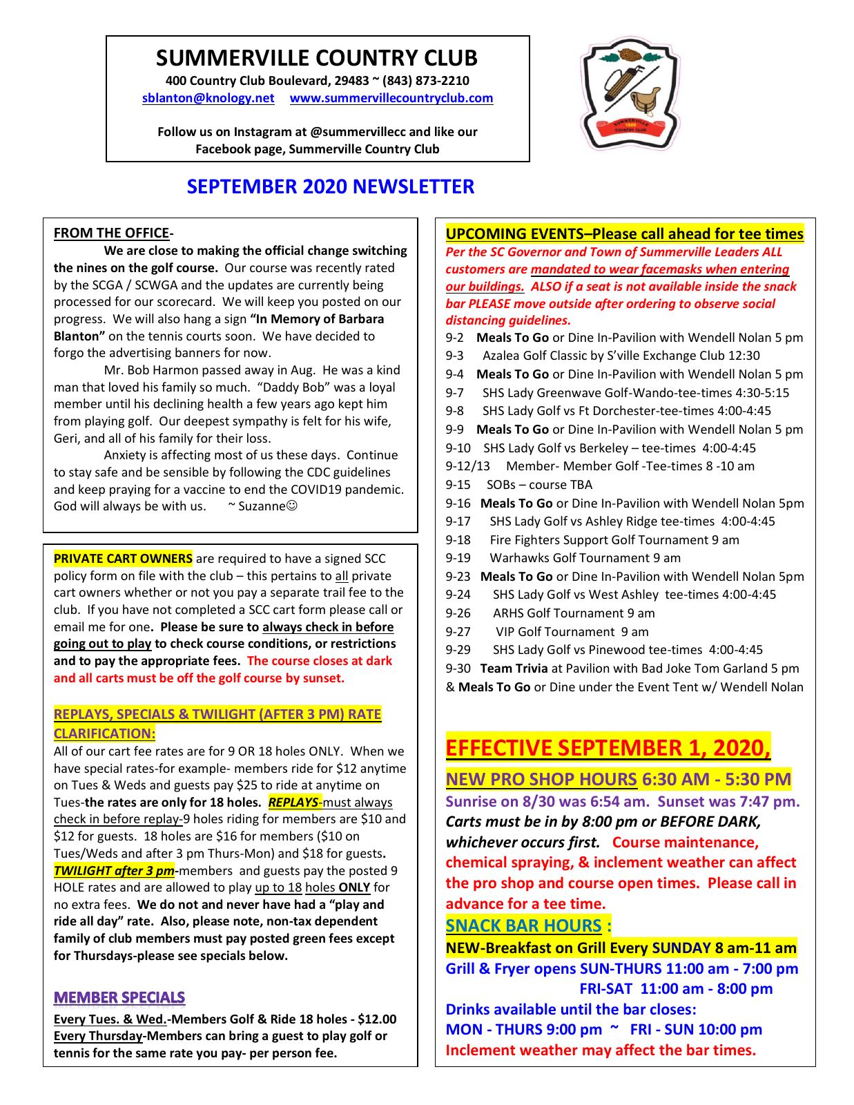 September 2020 newsletter, page 1 of 2